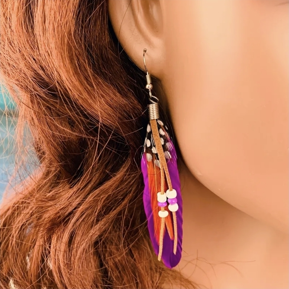 Boho Beaded Feather Drop Earrings | Choice of 2 Colors | New